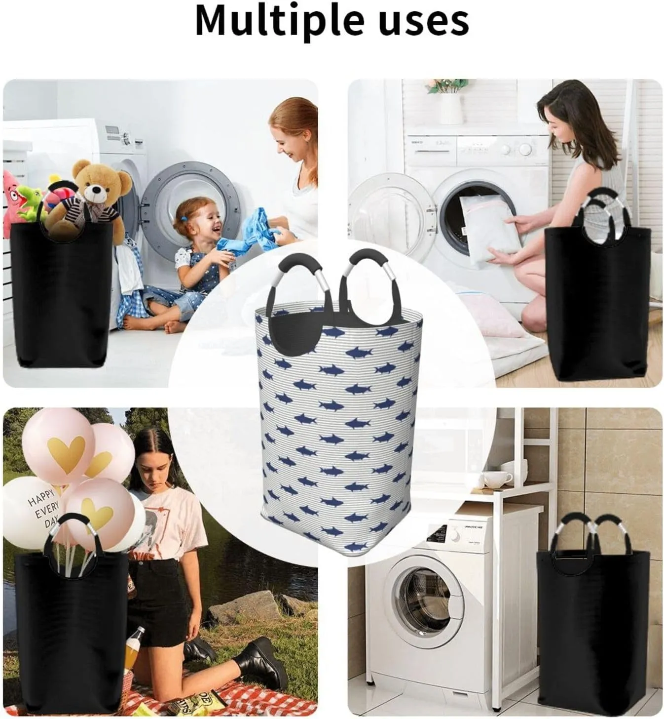 Cute Shark Laundry Basket Ocean Fish Laundry Hamper Funny Collapsible Laundry Baskets with Handle Blue Laundry Bag Dirty Clothes Hamper for Dorm Family Bathroom Decor Storage 50L