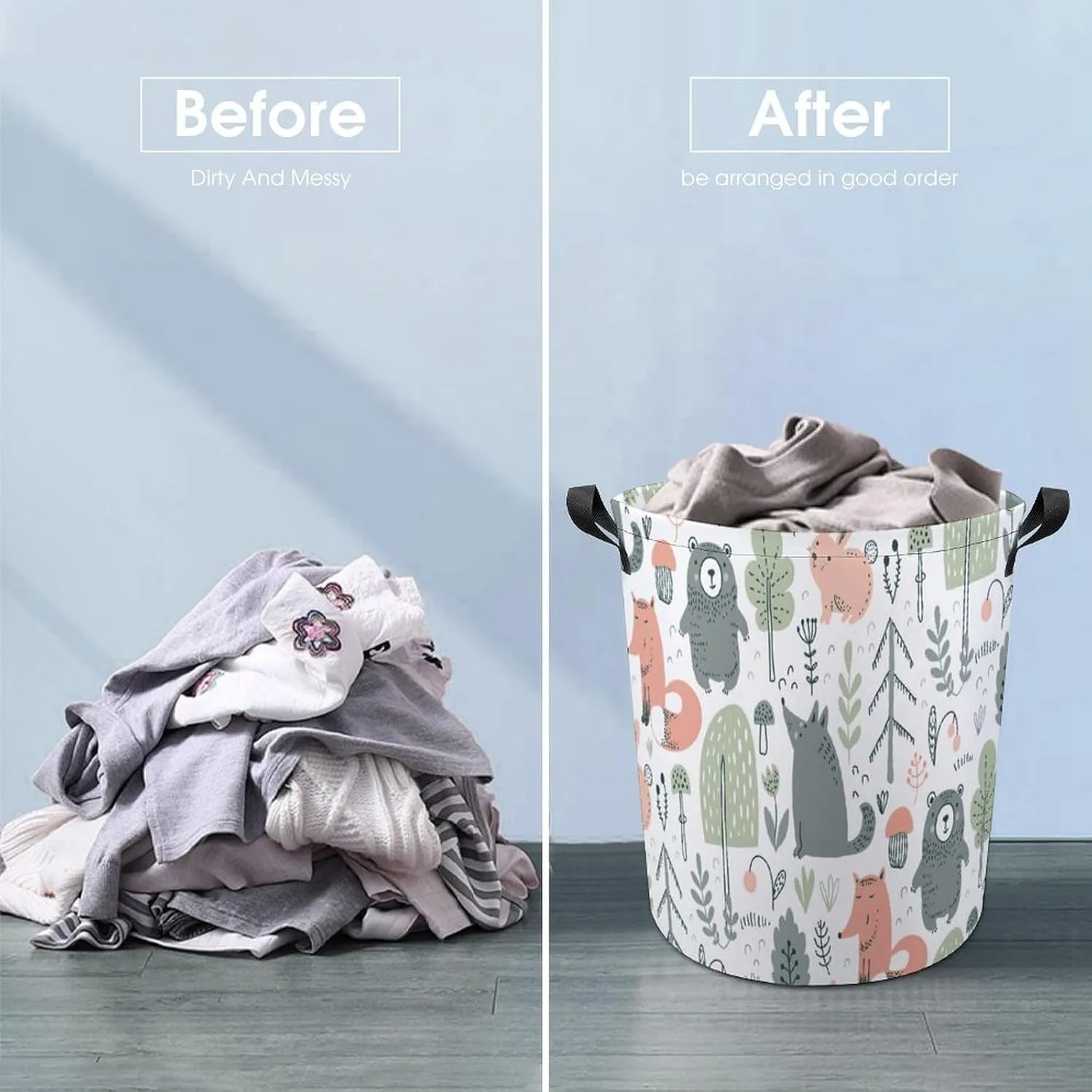 Cute Woodland Trees Laundry Dirty Baskets,Animals Bear Deer Fox Bedroom Hamper Collapsible Waterproof Oxford Fabric with Handle Foldable Cloth Washing Bin Tote Bag Toy Hamper
