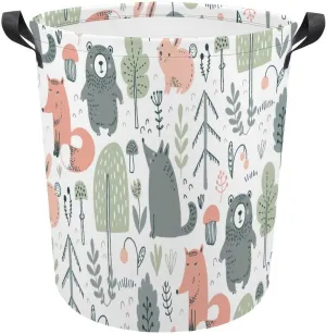 Cute Woodland Trees Laundry Dirty Baskets,Animals Bear Deer Fox Bedroom Hamper Collapsible Waterproof Oxford Fabric with Handle Foldable Cloth Washing Bin Tote Bag Toy Hamper