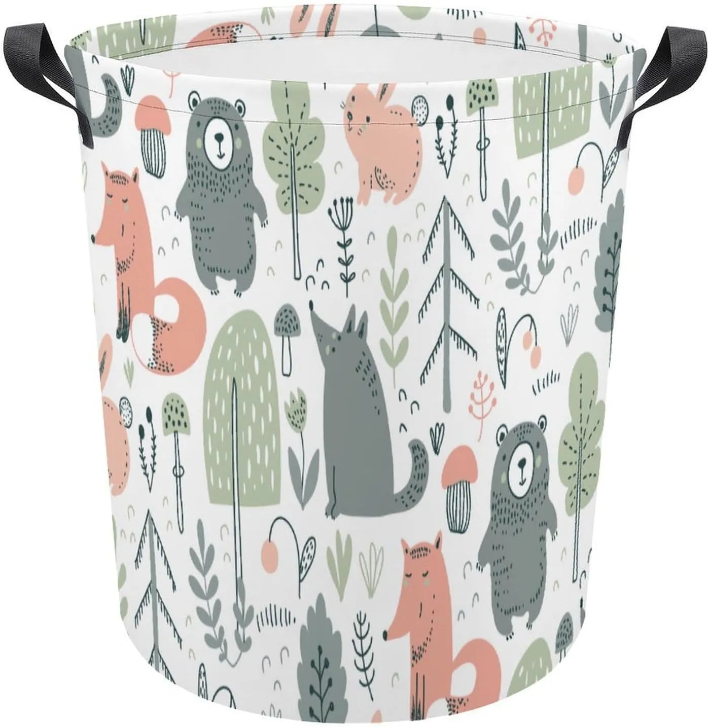 Cute Woodland Trees Laundry Dirty Baskets,Animals Bear Deer Fox Bedroom Hamper Collapsible Waterproof Oxford Fabric with Handle Foldable Cloth Washing Bin Tote Bag Toy Hamper