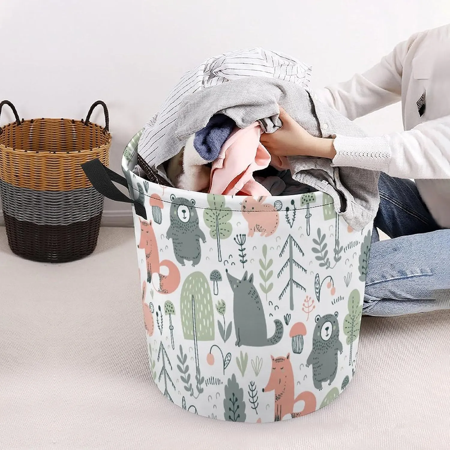 Cute Woodland Trees Laundry Dirty Baskets,Animals Bear Deer Fox Bedroom Hamper Collapsible Waterproof Oxford Fabric with Handle Foldable Cloth Washing Bin Tote Bag Toy Hamper