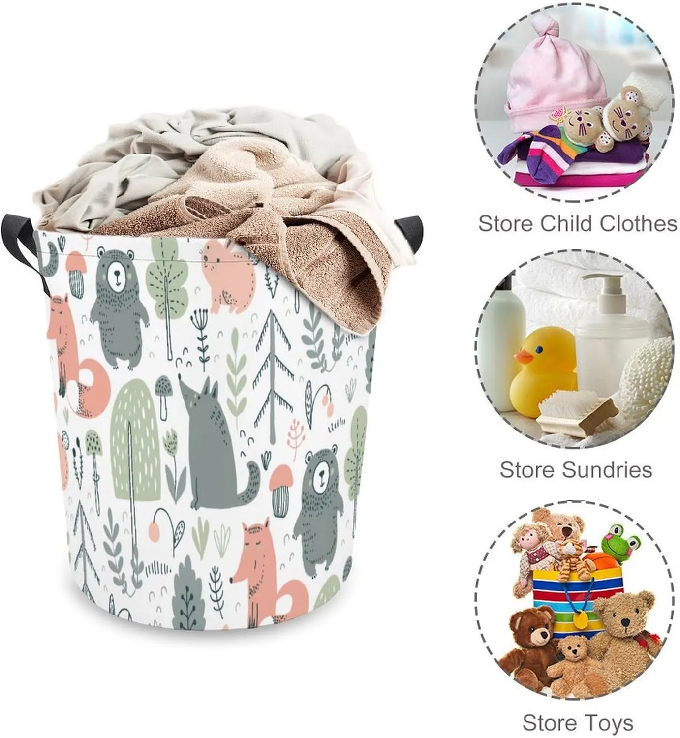 Cute Woodland Trees Laundry Dirty Baskets,Animals Bear Deer Fox Bedroom Hamper Collapsible Waterproof Oxford Fabric with Handle Foldable Cloth Washing Bin Tote Bag Toy Hamper