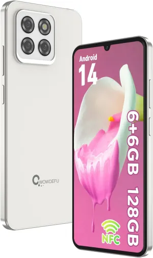 CWOWDEFU Android 14 Unlocked Phone, 6.8''Android Smartphone,12 GB RAM with 128 GB ROM,Dual SIM 4G,Octa-Core, Face/Fingerprint Recognition/NFC/OTG/GPS,Support Global Frequency Bands(White)