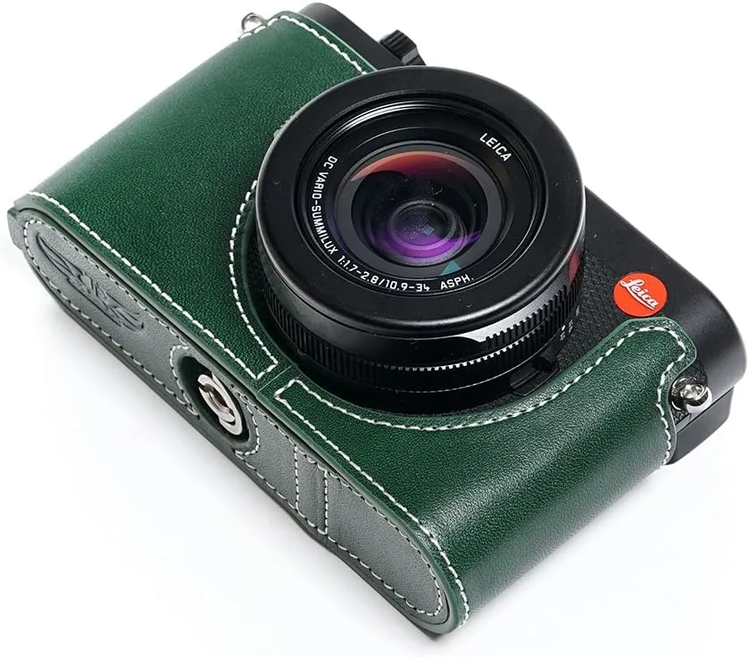 D-Lux 8 Camera Case, Handmade Genuine Real Leather Half Camera Case Bag Cover for Leica D-Lux 8 Camera Bottom Opening Version   Hand Strap (Green)