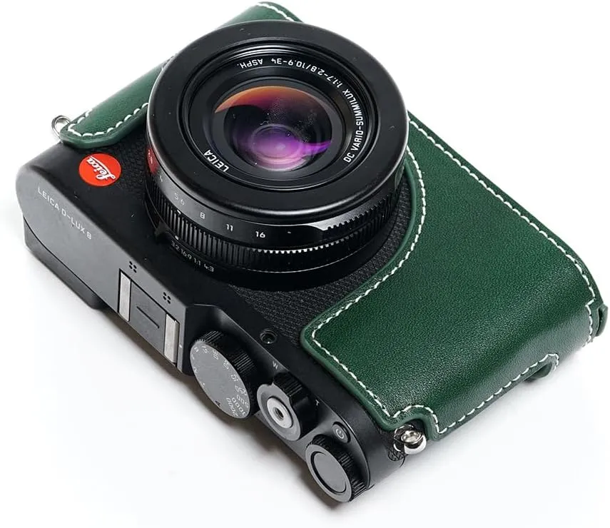 D-Lux 8 Camera Case, Handmade Genuine Real Leather Half Camera Case Bag Cover for Leica D-Lux 8 Camera Bottom Opening Version   Hand Strap (Green)
