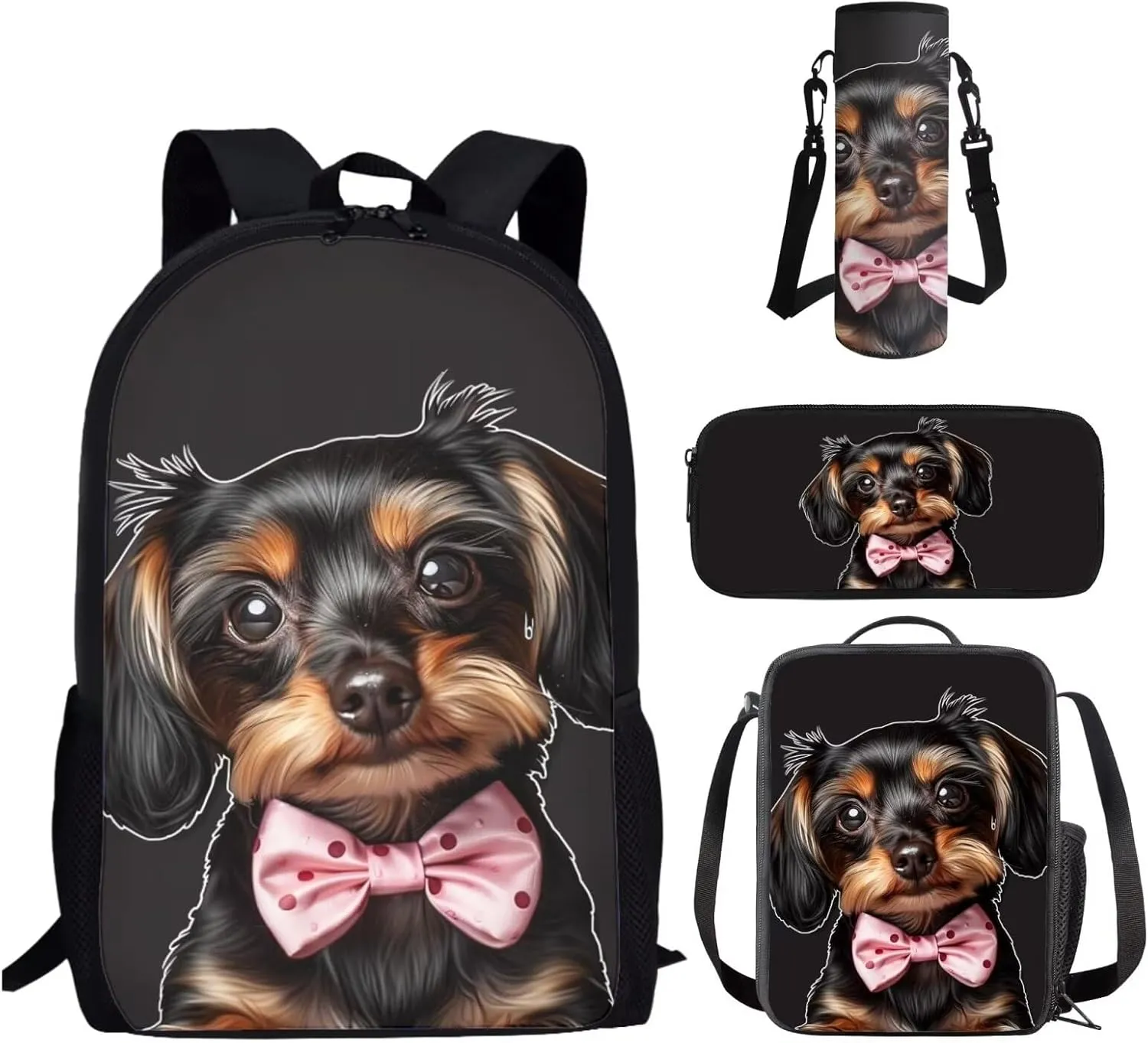 Dachshund Dog Backpack and Lunch Bag Set for Girls Boys School Bags 7-10/10-12 Middle School Bookbag With Lunch Box Pencil Case Kids Water Bottle Holder for Walking Casual Daypack
