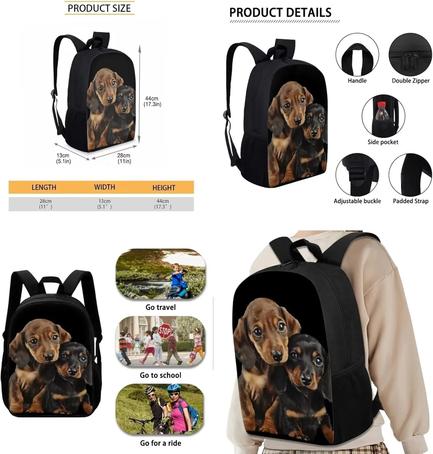 Dachshund Dog Backpack for School Boys 8-10/10-12 School Bag With Lunch Box Pencil Case Water Bottle Holder 16oz 24oz 32oz Elementary Middle High Bookbag Kids Schoolbag Set 4 In 1