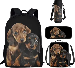 Dachshund Dog Backpack for School Boys 8-10/10-12 School Bag With Lunch Box Pencil Case Water Bottle Holder 16oz 24oz 32oz Elementary Middle High Bookbag Kids Schoolbag Set 4 In 1
