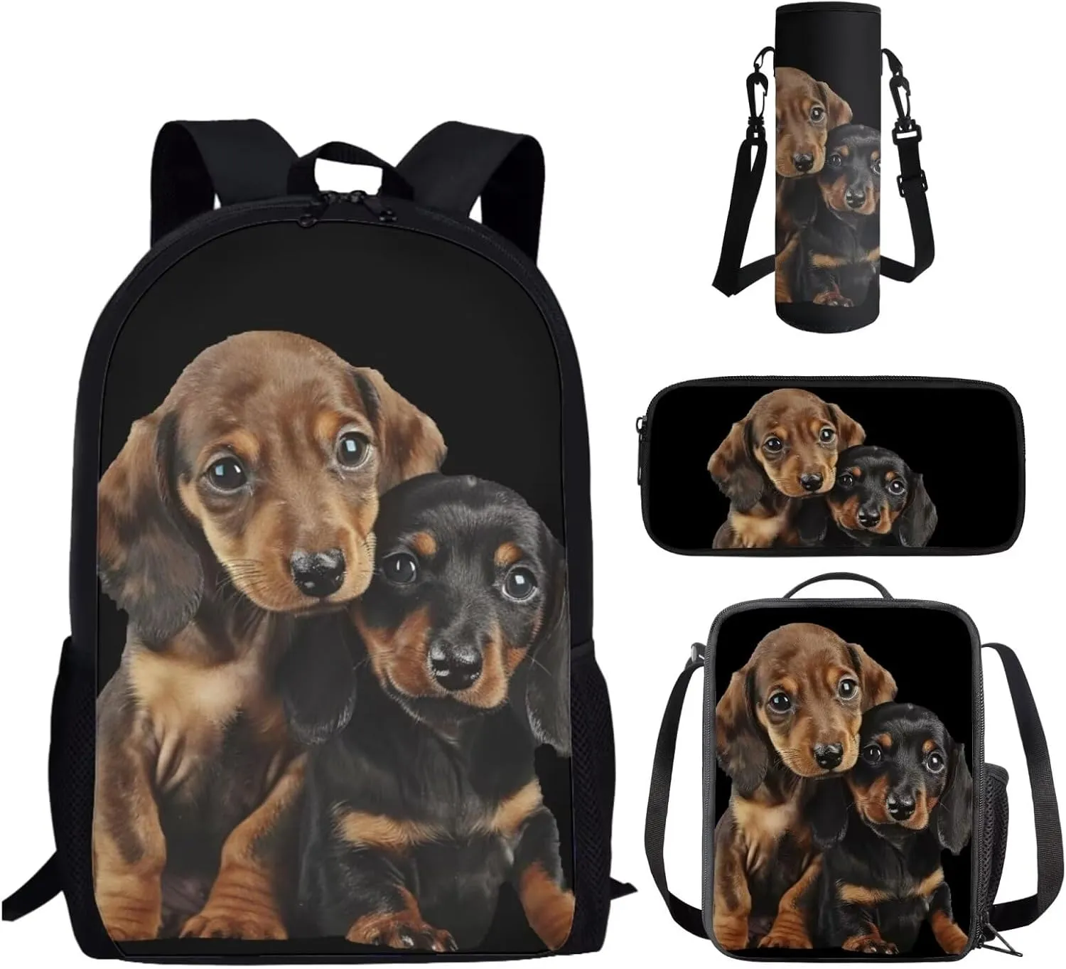 Dachshund Dog Backpack for School Boys 8-10/10-12 School Bag With Lunch Box Pencil Case Water Bottle Holder 16oz 24oz 32oz Elementary Middle High Bookbag Kids Schoolbag Set 4 In 1