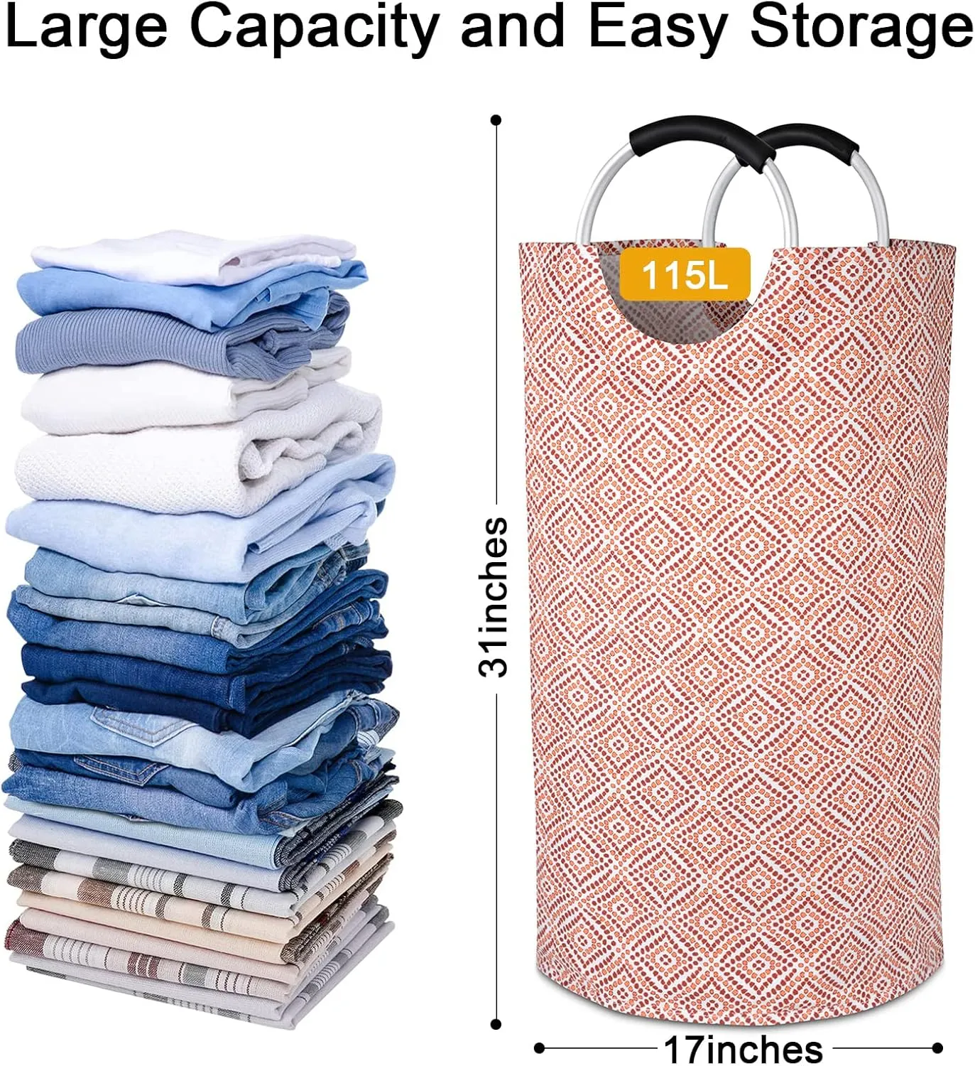 Dalykate Extra Large Laundry Basket 115L Collapsible Oxford Fabric Laundry Hamper Foldable Clothes Laundry Bag with Handles Waterproof Washing Portable Dirty Clothes Basket for College Dorm, Family