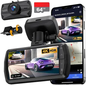 Dash Cam Front and Rear, Real 4K 1080P Dual Dash Cam, Built-in WiFi GPS, 3.3"IPS Screen, HDR Night Vision, G-Sensor Accident Record, 24H Parking Monitor Dash Camera for Cars, Support 512GB Max