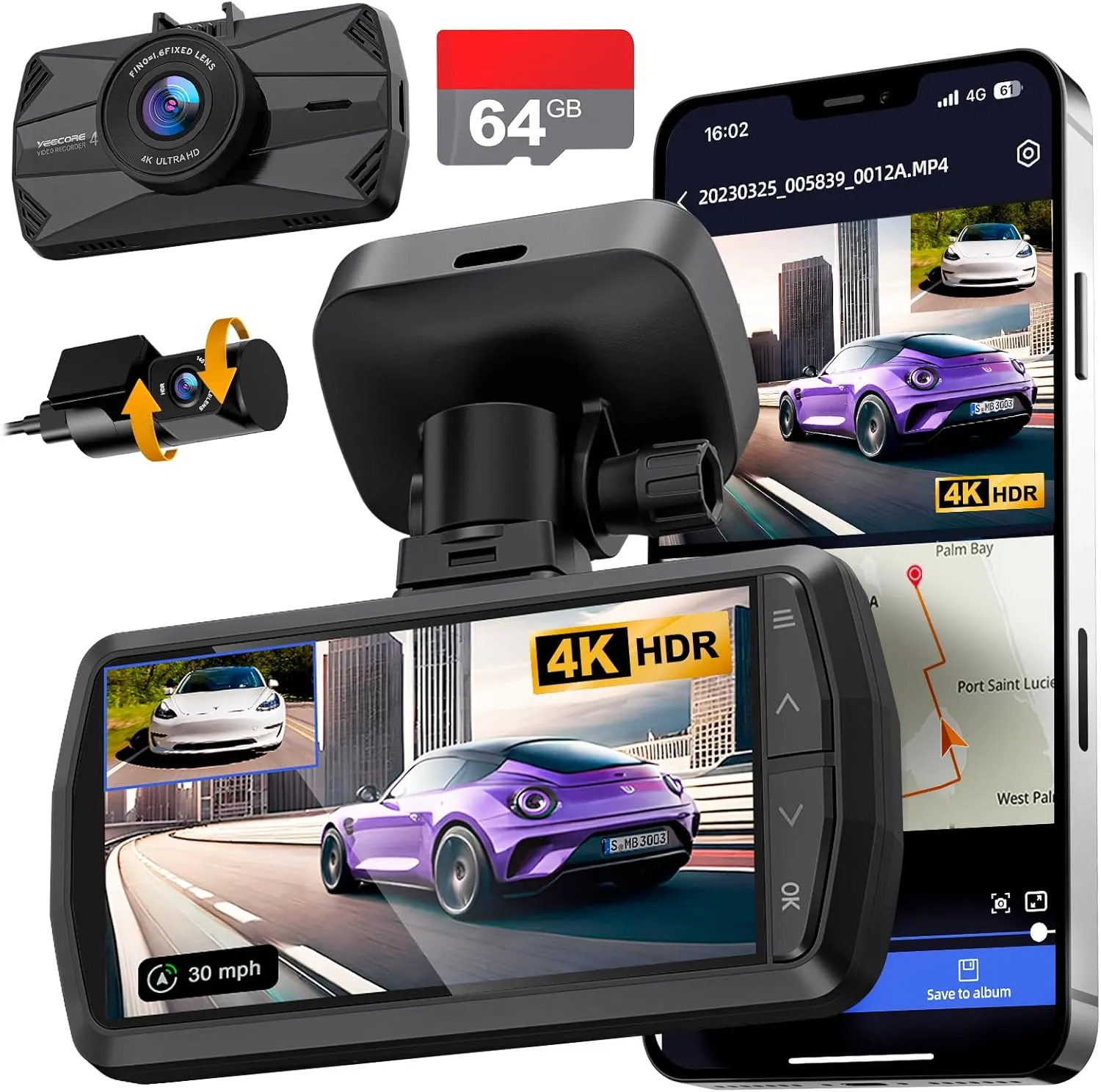 Dash Cam Front and Rear, Real 4K 1080P Dual Dash Cam, Built-in WiFi GPS, 3.3"IPS Screen, HDR Night Vision, G-Sensor Accident Record, 24H Parking Monitor Dash Camera for Cars, Support 512GB Max