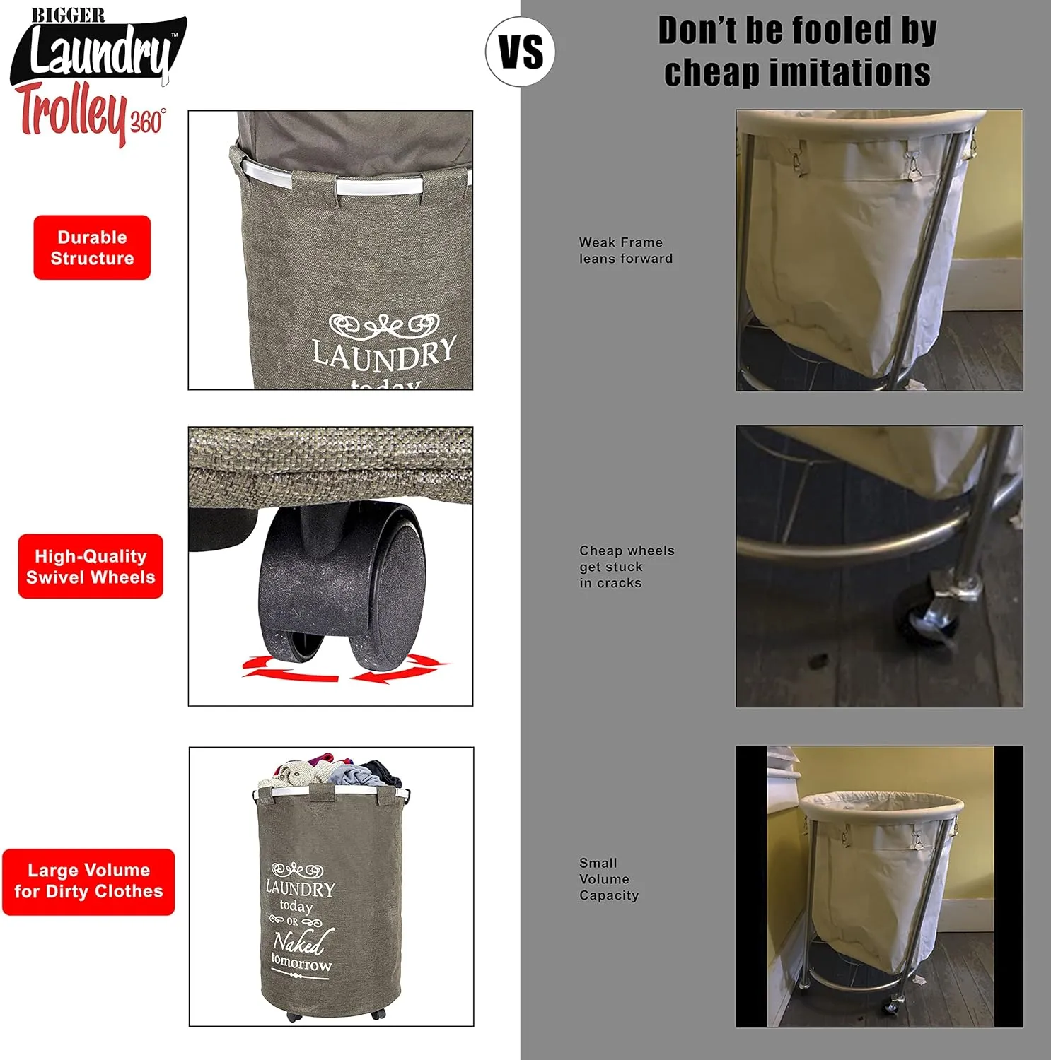 dbest products Bigger Laundry Trolley 360 Rolling Hamper Basket on wheels Bag Cart Large Capacity with Removable Liner for Dirty Clothes Drawstring Cover 4 Swivels, Brown