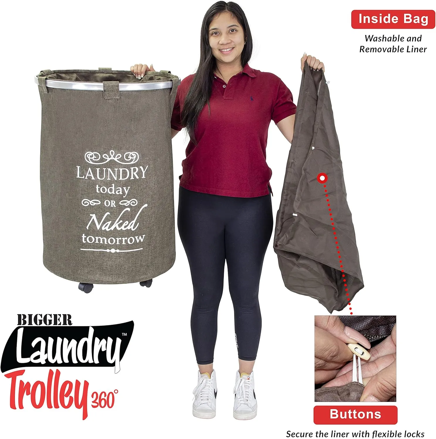 dbest products Bigger Laundry Trolley 360 Rolling Hamper Basket on wheels Bag Cart Large Capacity with Removable Liner for Dirty Clothes Drawstring Cover 4 Swivels, Brown