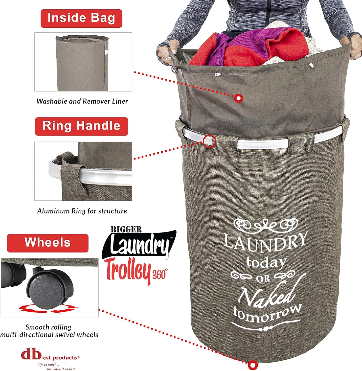 dbest products Bigger Laundry Trolley 360 Rolling Hamper Basket on wheels Bag Cart Large Capacity with Removable Liner for Dirty Clothes Drawstring Cover 4 Swivels, Brown
