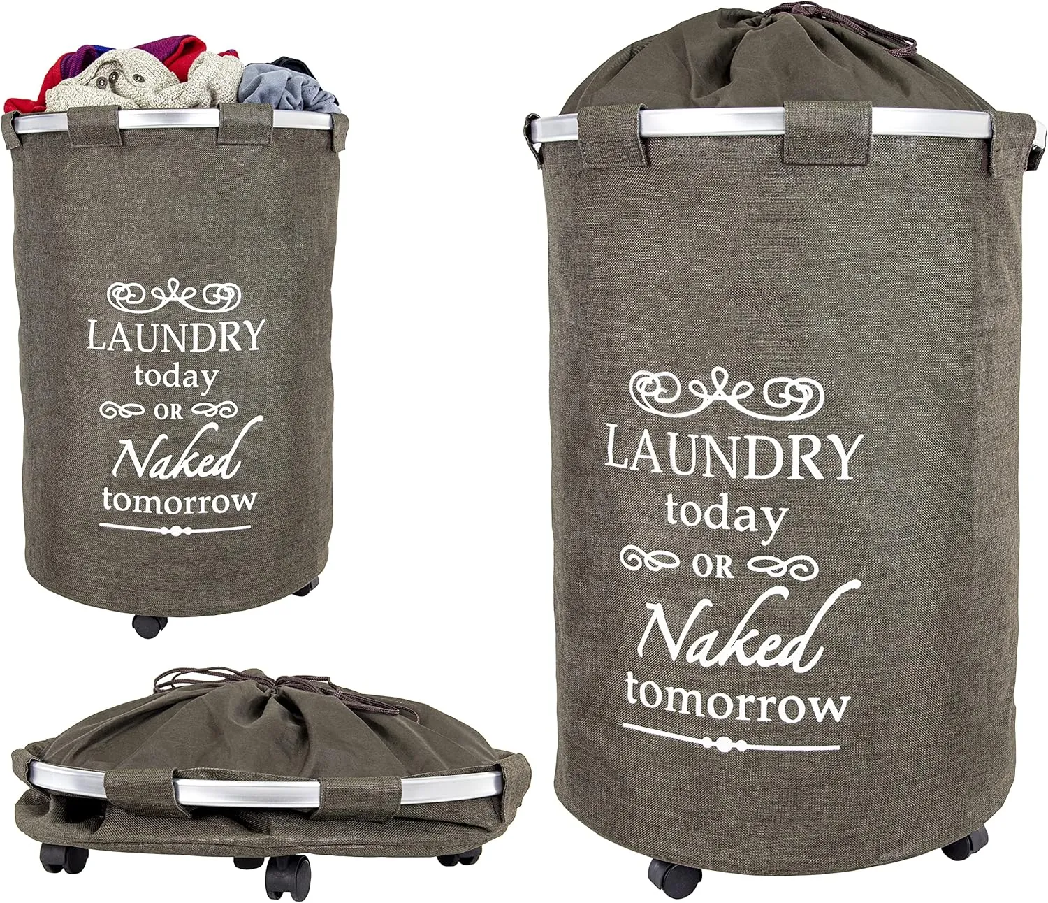dbest products Bigger Laundry Trolley 360 Rolling Hamper Basket on wheels Bag Cart Large Capacity with Removable Liner for Dirty Clothes Drawstring Cover 4 Swivels, Brown