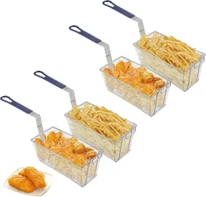 Deep Fryer Basket, 4Pcs Commercial Non-Slip Handle Heavy Duty Nickel Plated Iron Construction Chip Basket,13" x 6" x 6", Restaurant Kitchen Frying Chips Fish Sausages