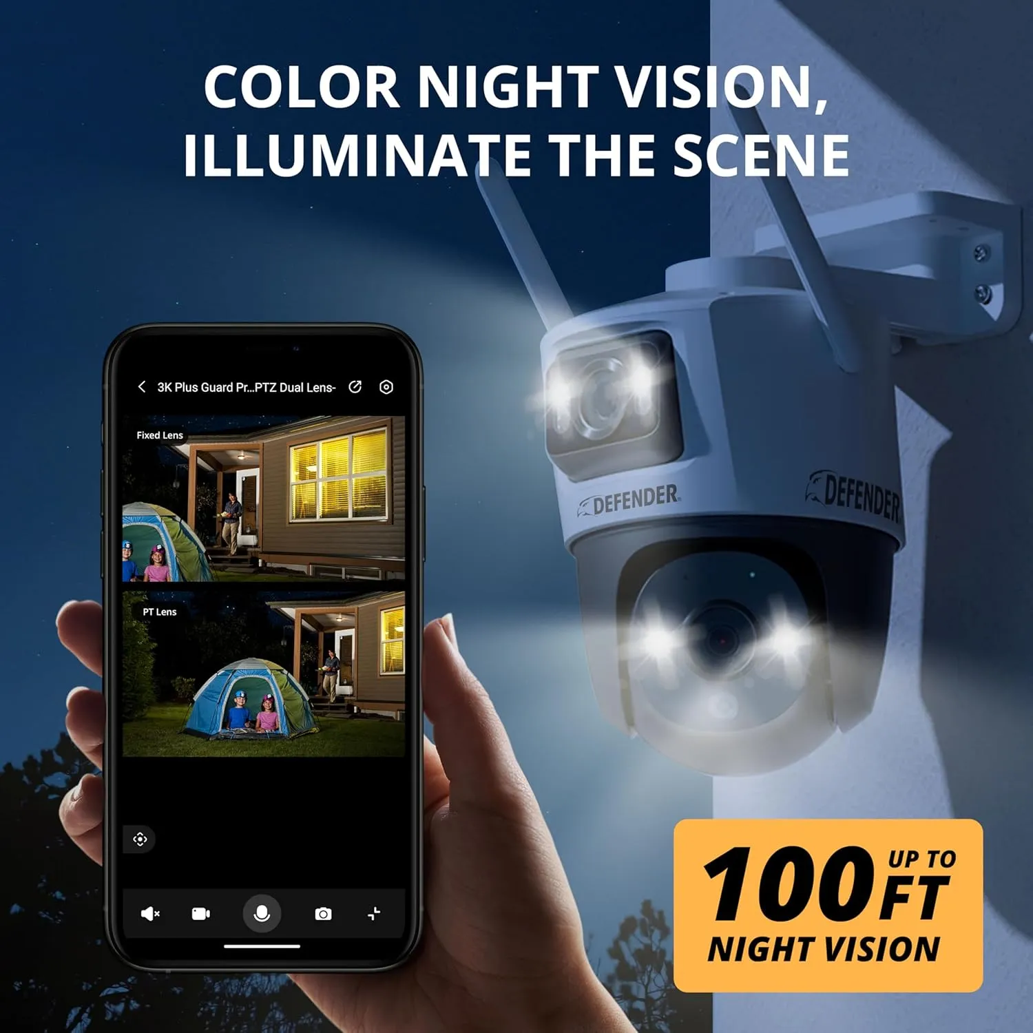 Defender AI Powered Guard Pro 3K Plus Dual Lens PTZ WiFi 6/Bluetooth Security Camera, Plug-in Power Cameras for Home Security, AI Human/Vehicle Detection, 1 x 64 GB SD Card, Mobile App 1 Pack