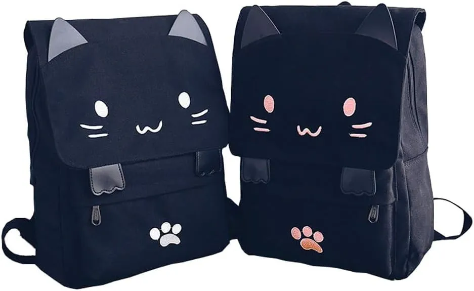 DemonChest Black College Cute Cat Embroidery Canvas School Backpack Bags for Kids Kitty(Pink)
