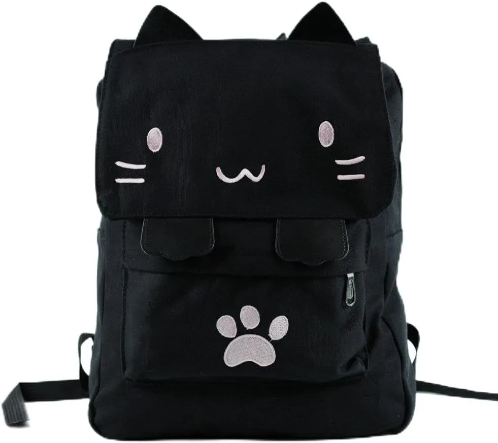 DemonChest Black College Cute Cat Embroidery Canvas School Backpack Bags for Kids Kitty(Pink)