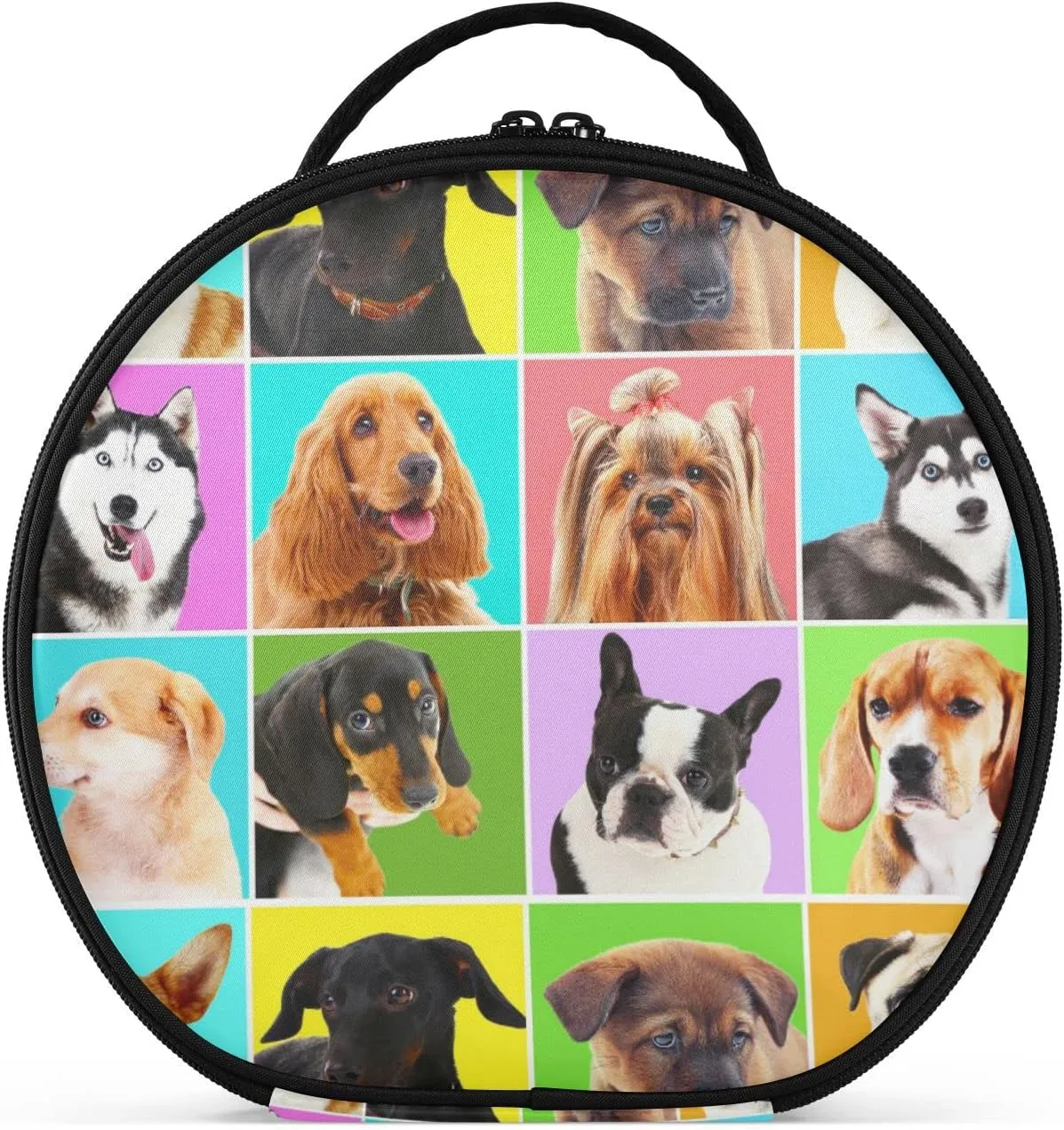 Different Dogs Breeds Portraits Checker Pattern Women's Portable Round Makeup Bag with Handle, Cosmetic Bag, Adjustable Dividers, Travel Cosmetic Storage 11 x 3.5 x 10 inch