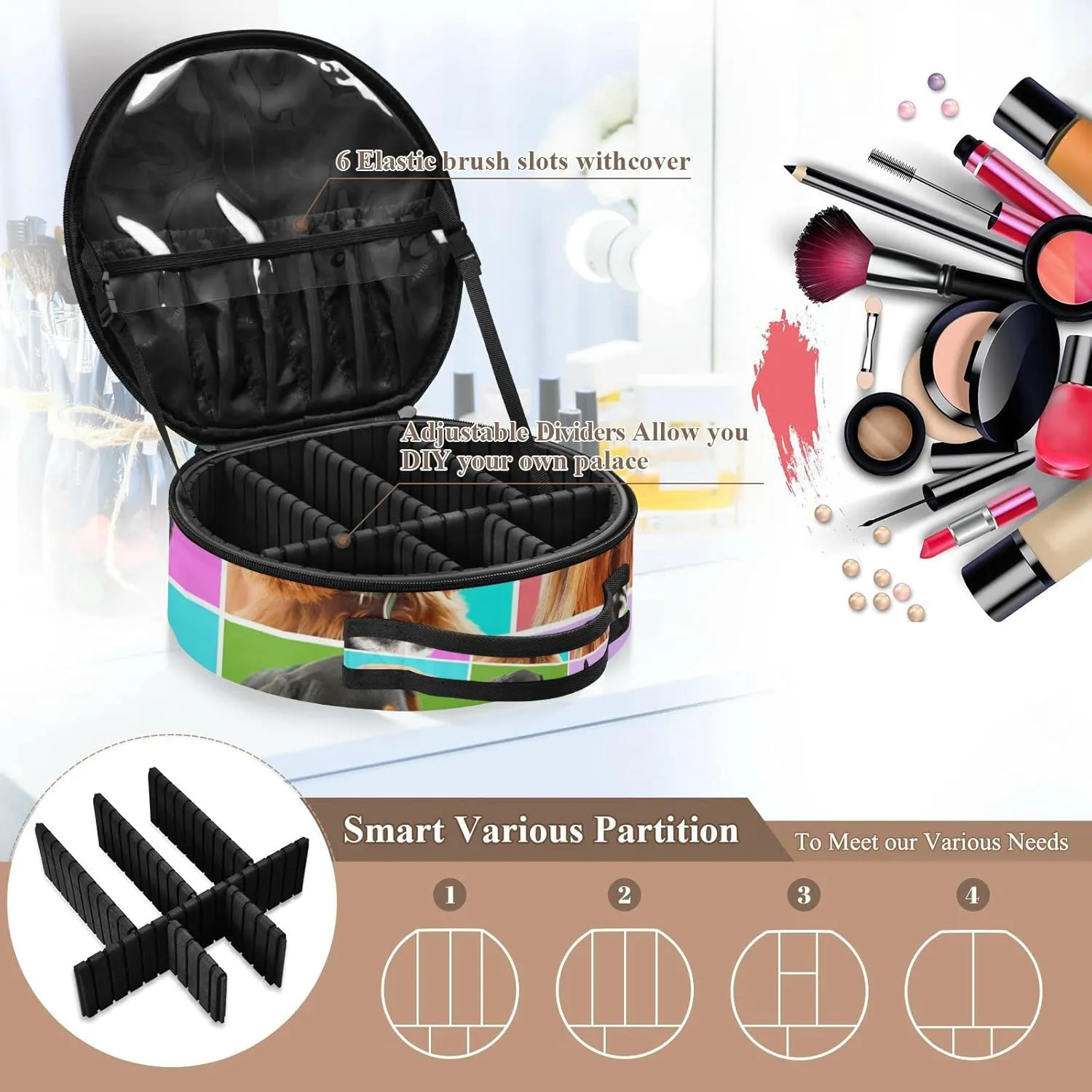 Different Dogs Breeds Portraits Checker Pattern Women's Portable Round Makeup Bag with Handle, Cosmetic Bag, Adjustable Dividers, Travel Cosmetic Storage 11 x 3.5 x 10 inch