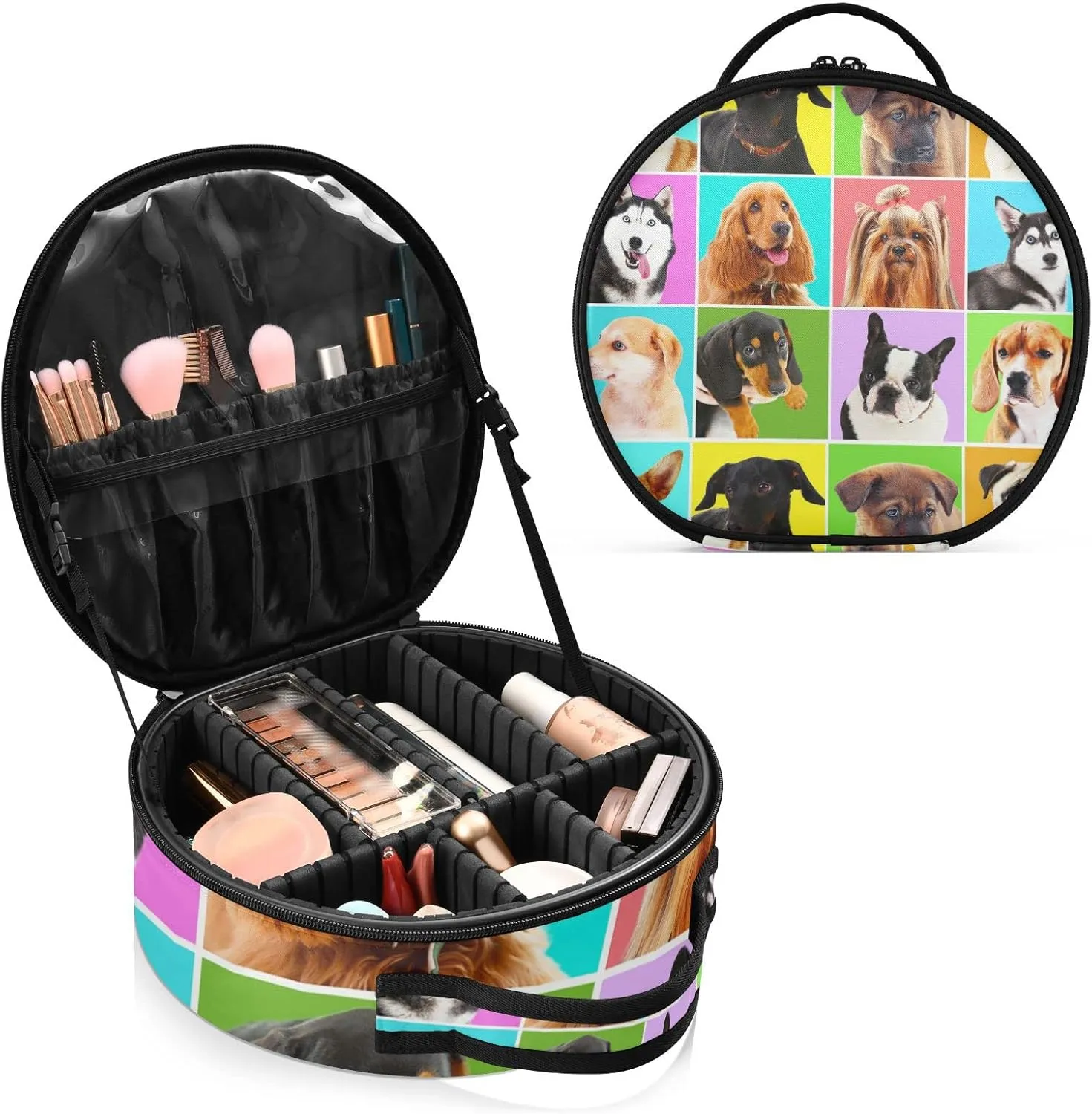 Different Dogs Breeds Portraits Checker Pattern Women's Portable Round Makeup Bag with Handle, Cosmetic Bag, Adjustable Dividers, Travel Cosmetic Storage 11 x 3.5 x 10 inch