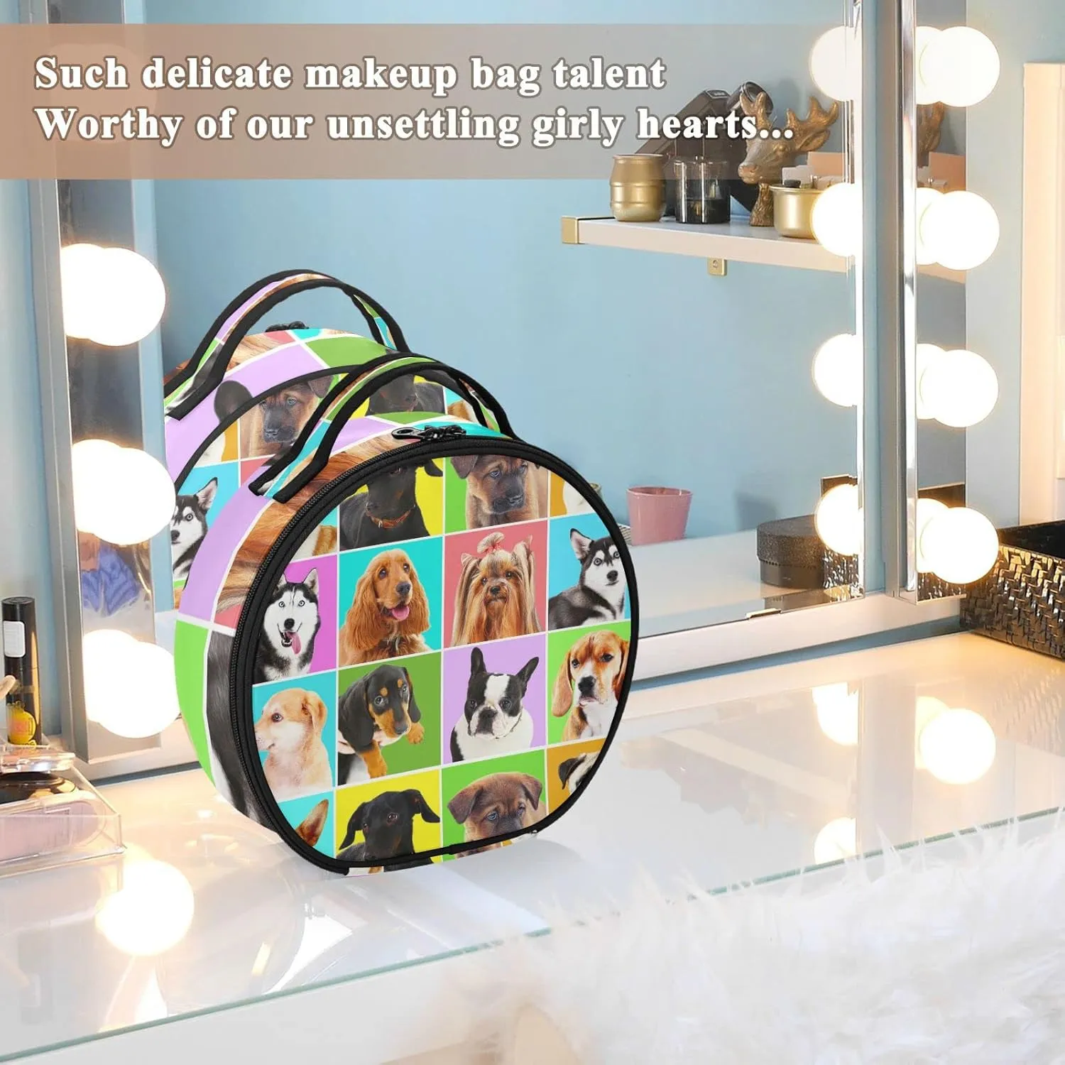 Different Dogs Breeds Portraits Checker Pattern Women's Portable Round Makeup Bag with Handle, Cosmetic Bag, Adjustable Dividers, Travel Cosmetic Storage 11 x 3.5 x 10 inch