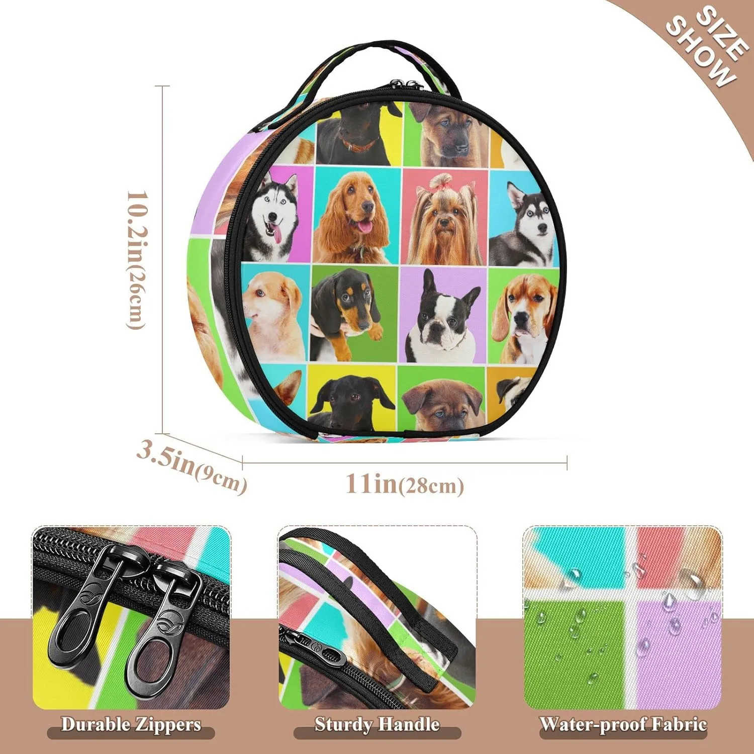 Different Dogs Breeds Portraits Checker Pattern Women's Portable Round Makeup Bag with Handle, Cosmetic Bag, Adjustable Dividers, Travel Cosmetic Storage 11 x 3.5 x 10 inch