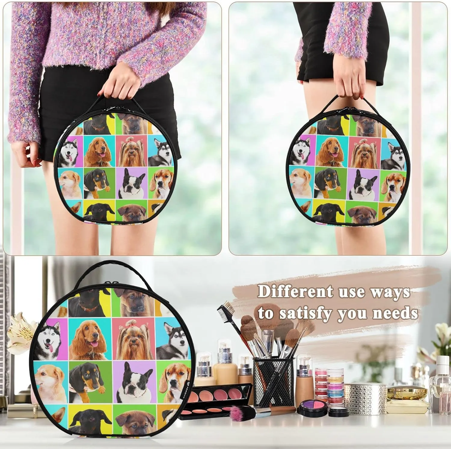 Different Dogs Breeds Portraits Checker Pattern Women's Portable Round Makeup Bag with Handle, Cosmetic Bag, Adjustable Dividers, Travel Cosmetic Storage 11 x 3.5 x 10 inch