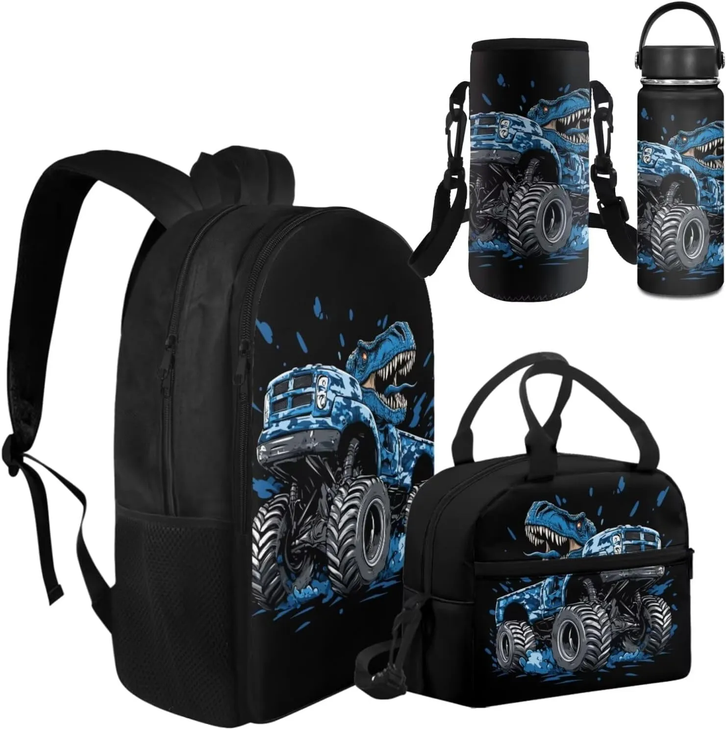 Dinosaur Bookbag with Lunch Box Teen Boys Cool School Hiking Backpack Set with Insulated Water Bottle and Water Bottle Sleeve for Primary Middle School Student School Bags Satchel