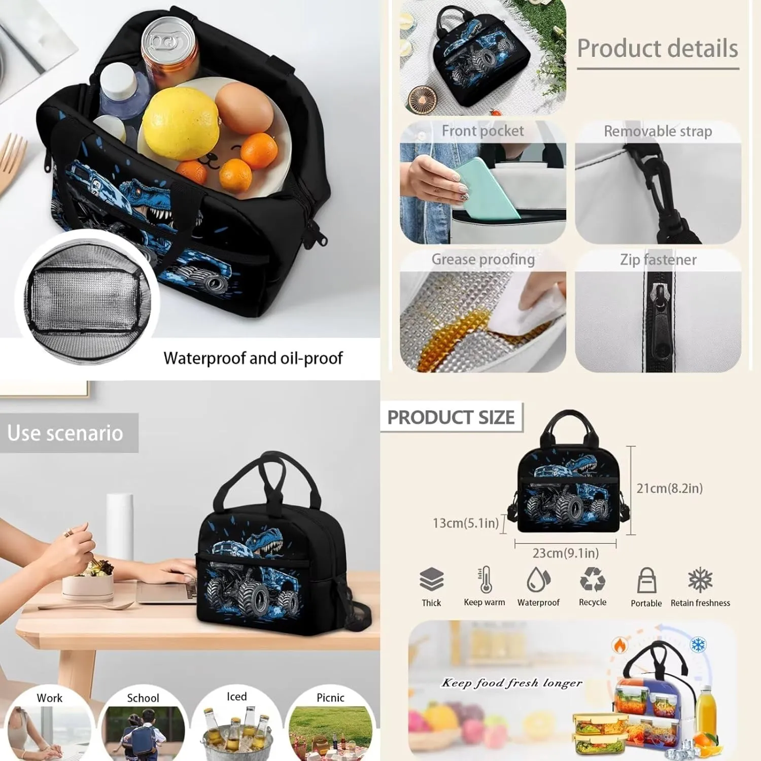 Dinosaur Bookbag with Lunch Box Teen Boys Cool School Hiking Backpack Set with Insulated Water Bottle and Water Bottle Sleeve for Primary Middle School Student School Bags Satchel