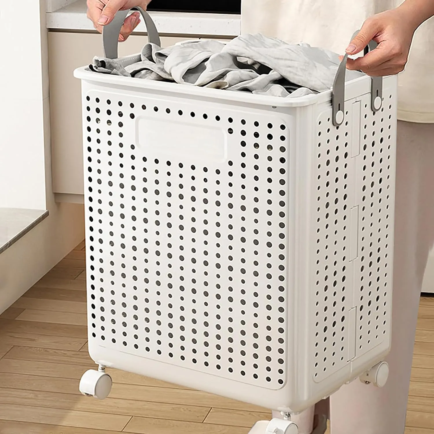 Dirty Clothes Hamper, Collapsible Rolling Laundry Basket Versatile Portable Storage Basket with Wheels and Handle for Laundry/Bathroom (Large)