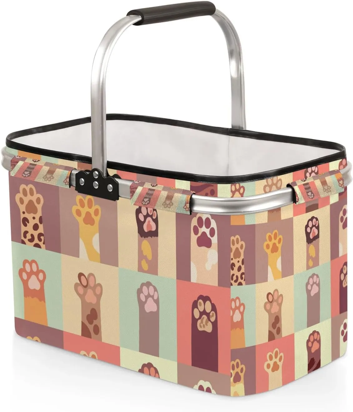 Dog Cat Paw Topics Collapsible Market Basket Reusable Portable Shopping Basket Heavy Duty Camping Grocery Bag with Handle Folding Picnic Basket for Travel Shopping Camping Beach Car