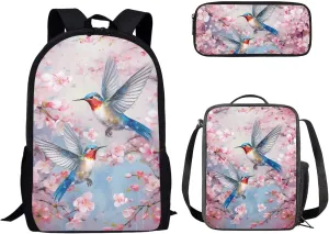 doginthehole School Backpack for Teen Girls Kids School Bag with Insulated Lunch Box Pencil Pen Case Aesthetic Pink Floral Hummingbird Design Bookbag Casual Daypack for Teens Elementary Middle School