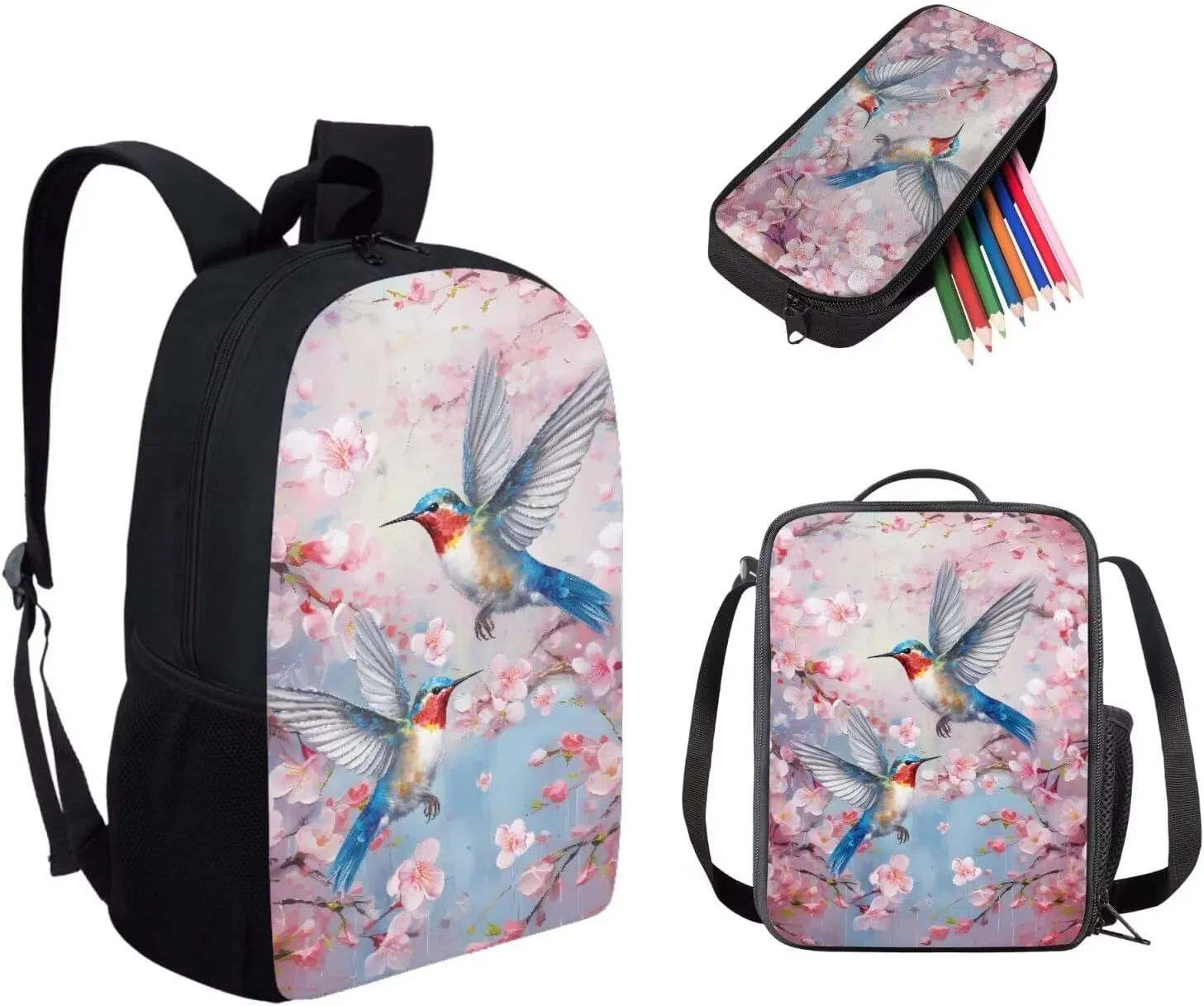 doginthehole School Backpack for Teen Girls Kids School Bag with Insulated Lunch Box Pencil Pen Case Aesthetic Pink Floral Hummingbird Design Bookbag Casual Daypack for Teens Elementary Middle School
