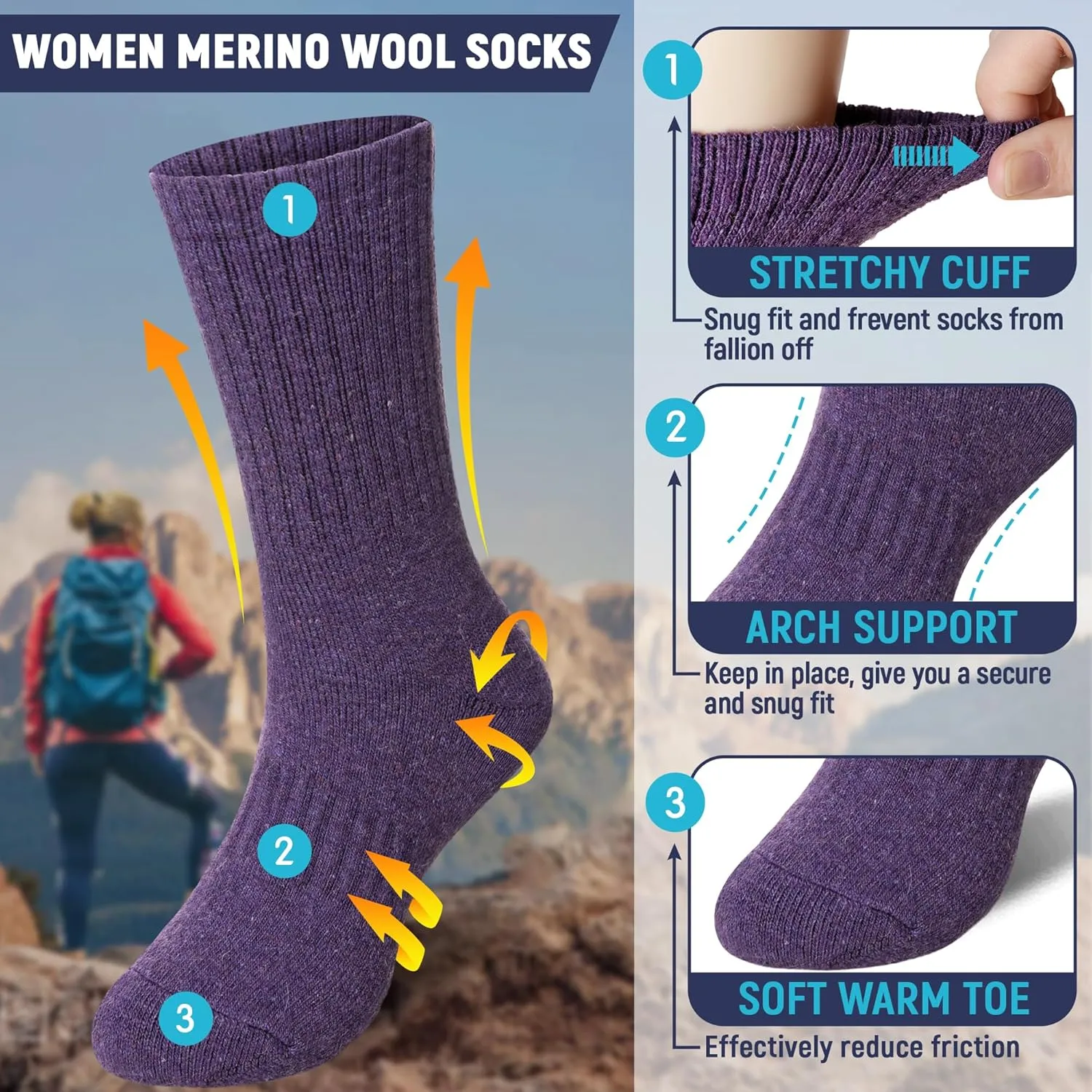 DoSmart Womens Merino Wool Hiking Socks Thermal Warm Walking Boot Winter Crew Cushion Work Socks 5 Pairs