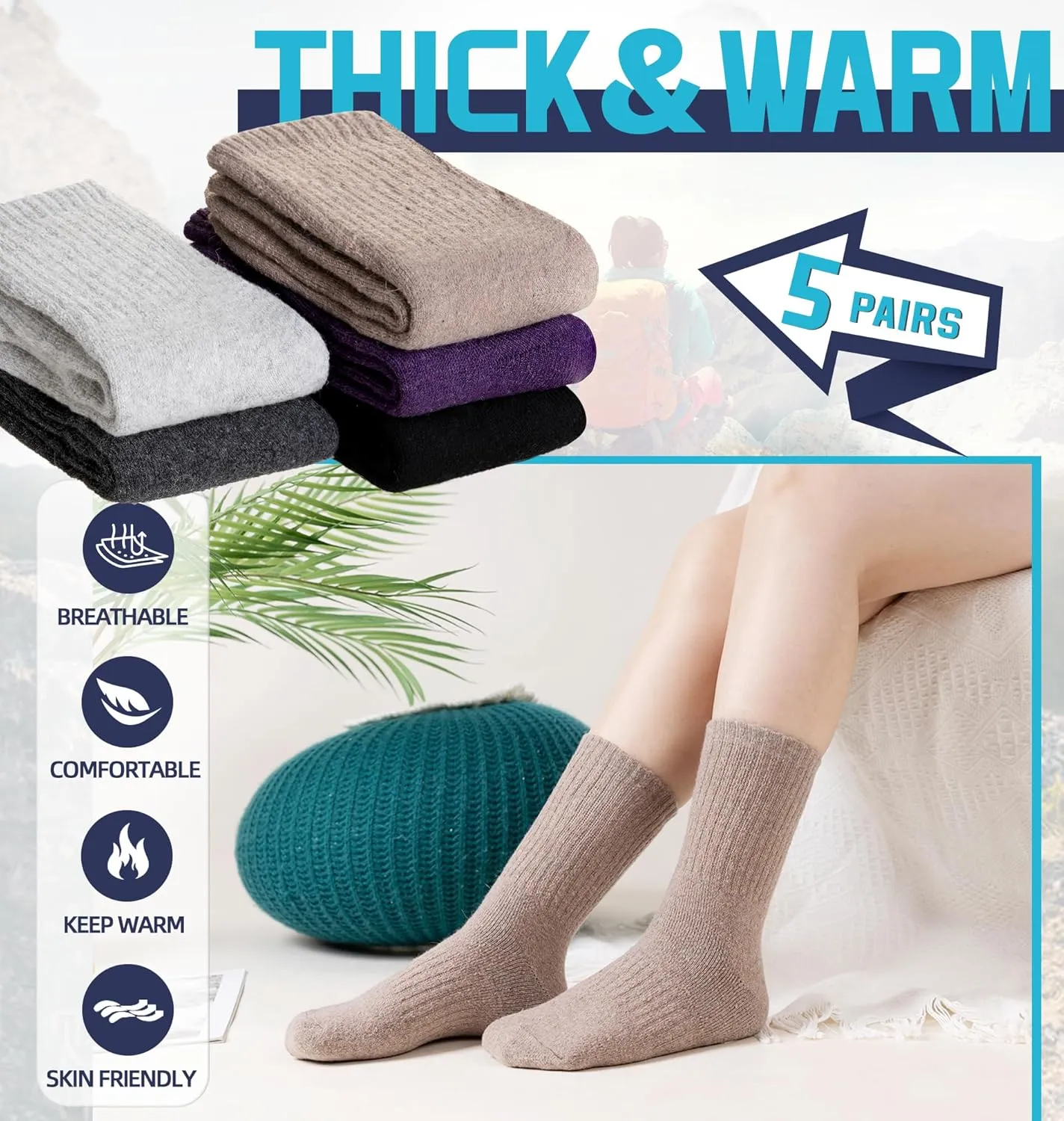 DoSmart Womens Merino Wool Hiking Socks Thermal Warm Walking Boot Winter Crew Cushion Work Socks 5 Pairs