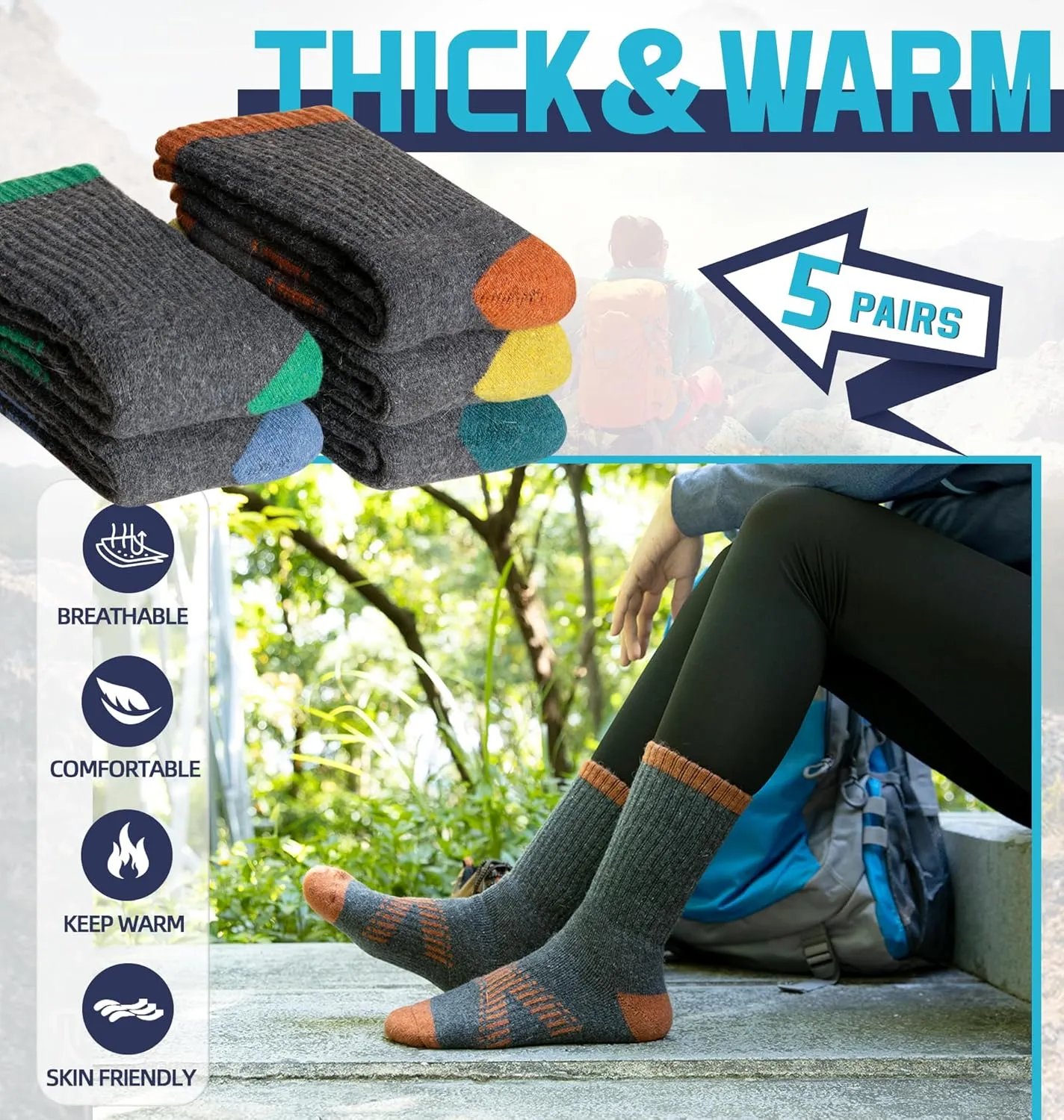 DoSmart Womens Merino Wool Hiking Socks Thermal Warm Walking Boot Winter Crew Cushion Work Socks 5 Pairs