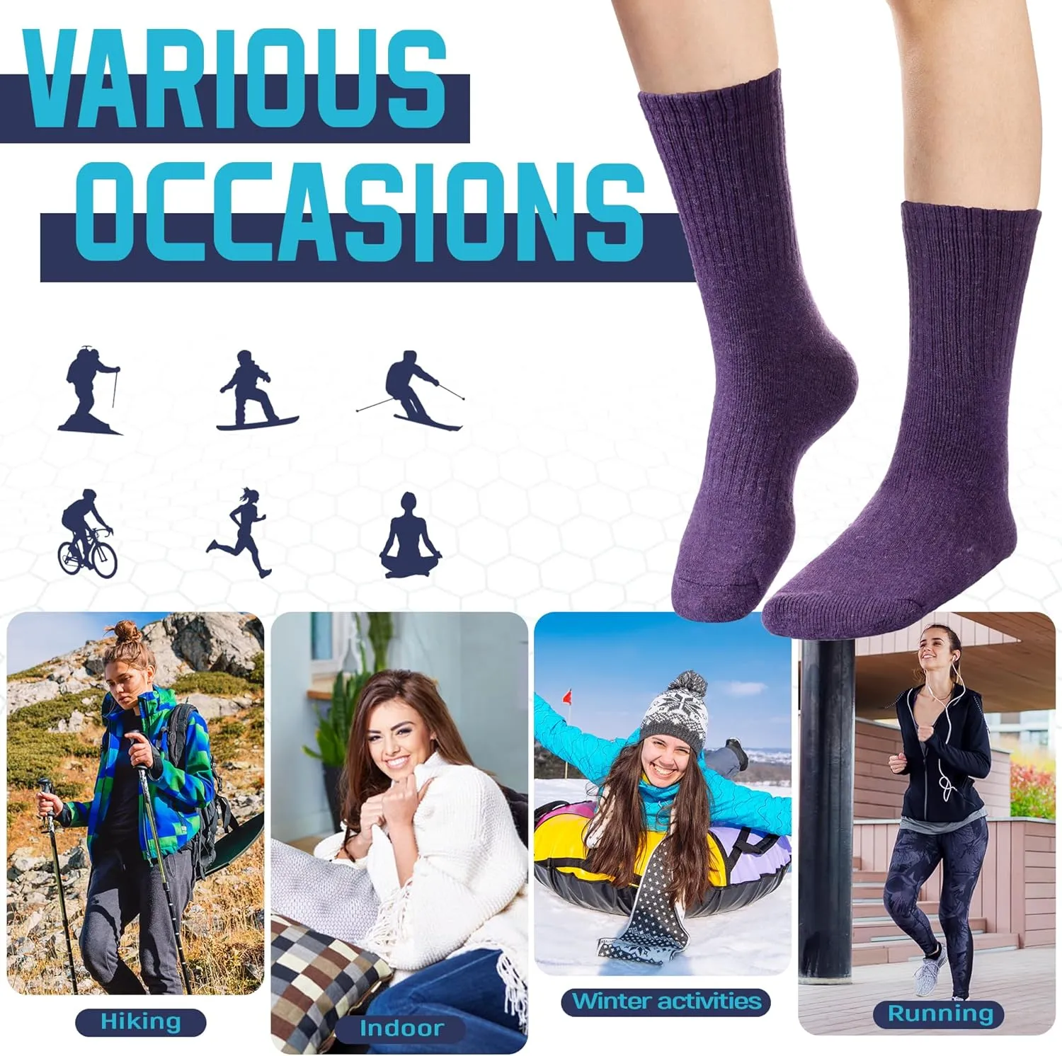 DoSmart Womens Merino Wool Hiking Socks Thermal Warm Walking Boot Winter Crew Cushion Work Socks 5 Pairs