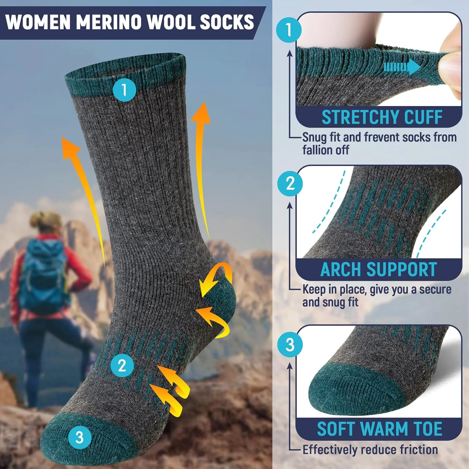 DoSmart Womens Merino Wool Hiking Socks Thermal Warm Walking Boot Winter Crew Cushion Work Socks 5 Pairs