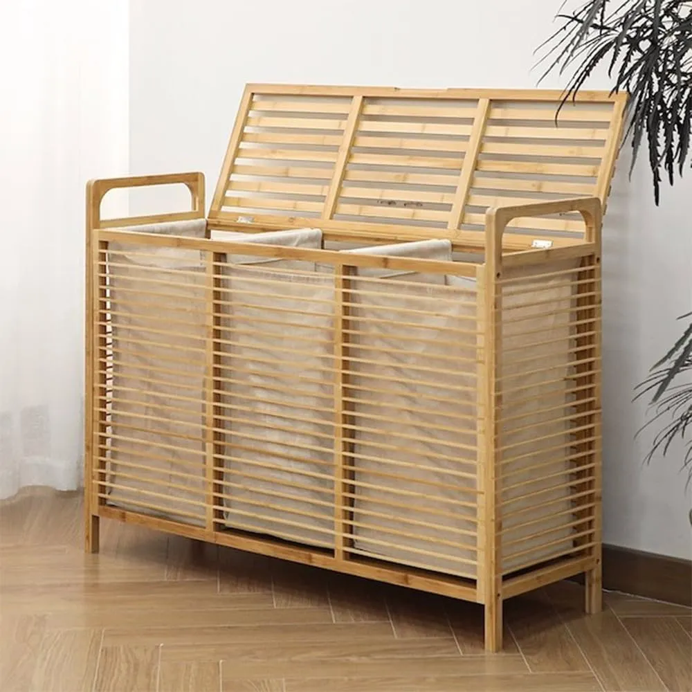 Double Tilt Out Laundry Hamper Cabinet with 2 Removable Liner Bags, Bamboo Laundry Cabinet, Tilt Out Hamper, Laundry Basket Organizer for Clothes Towels Toys (B)
