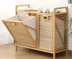 Double Tilt Out Laundry Hamper Cabinet with 2 Removable Liner Bags, Bamboo Laundry Cabinet, Tilt Out Hamper, Laundry Basket Organizer for Clothes Towels Toys (B)