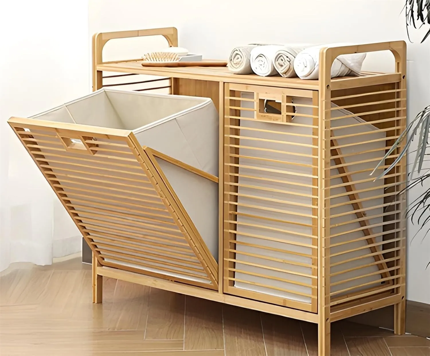 Double Tilt Out Laundry Hamper Cabinet with 2 Removable Liner Bags, Bamboo Laundry Cabinet, Tilt Out Hamper, Laundry Basket Organizer for Clothes Towels Toys (B)