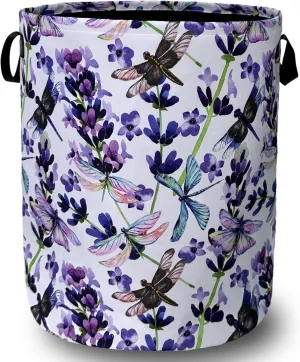 Dragonfly Laundry Basket Foldable With Handles Purple Floral Tote Bag Oxford Cloth Colorful Laundry Hamper Clothes Storage Bucket Toy Organizer For Bathroom/Laundry/Bedroom 18.9" x 16.5 "
