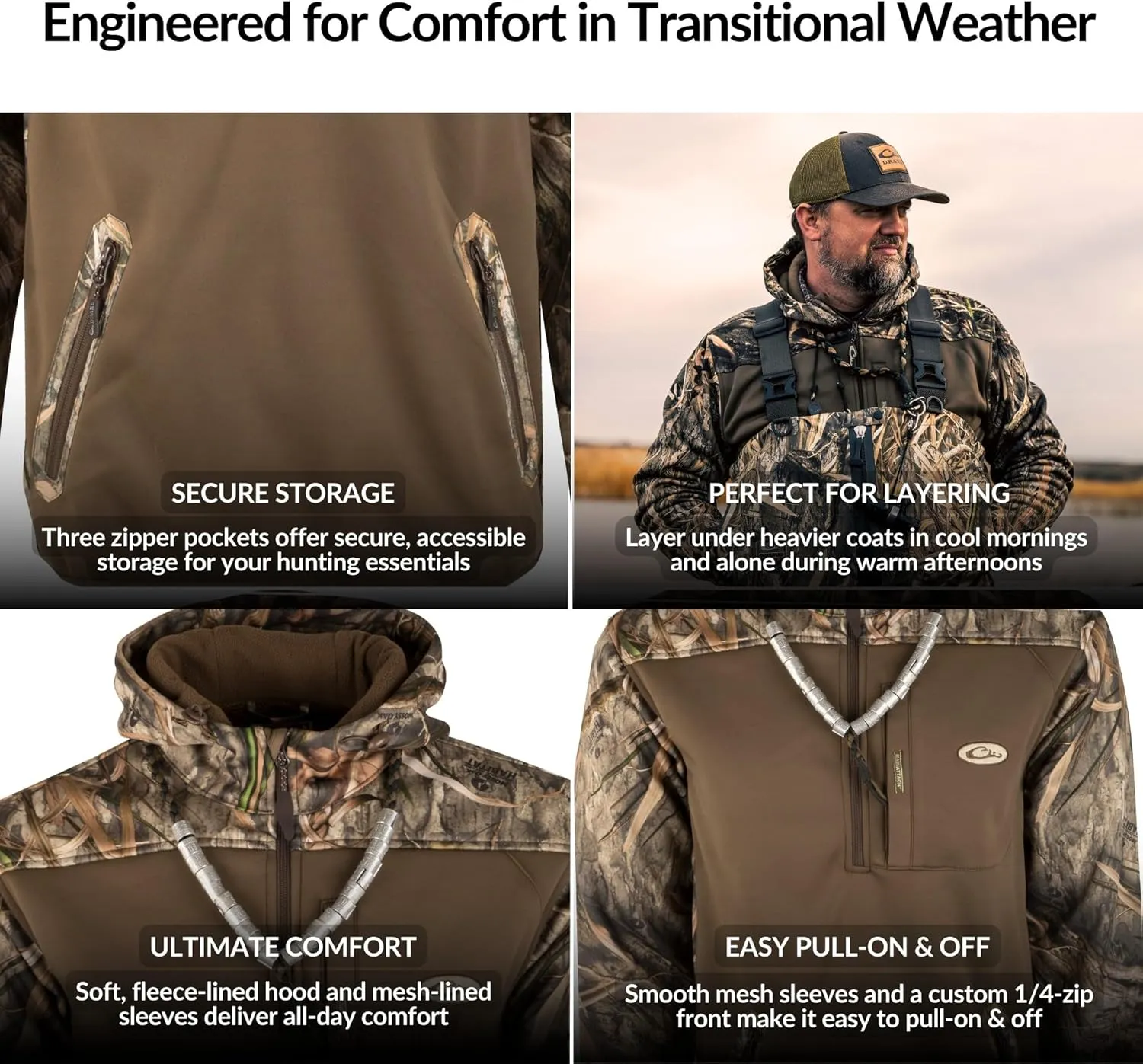 Drake Waterfowl Men's MST Endurance Soft Shell Camo Hunting Warm Quarter-Zip Hoodie with Chest Pocket & 2 Hip Zipper Pockets