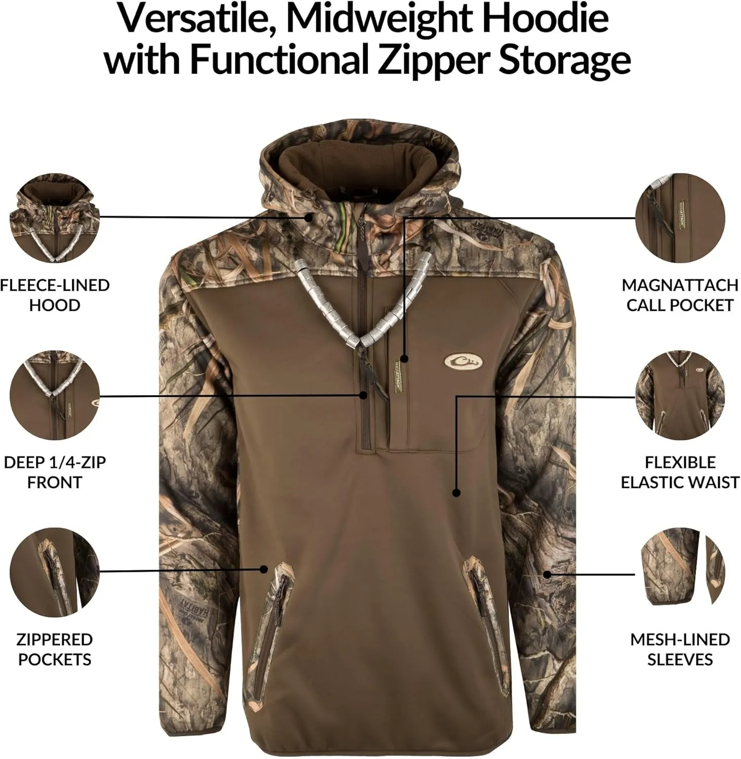 Drake Waterfowl Men's MST Endurance Soft Shell Camo Hunting Warm Quarter-Zip Hoodie with Chest Pocket & 2 Hip Zipper Pockets