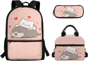 Dreaweet Cat Backpack for School Girls 4th Grade with Lunch Box Cute Pink Bookbag and Lunch Bag for Kids Elementary School Book Bag Insulated Lunchbox Pencil Pouch 3 In 1