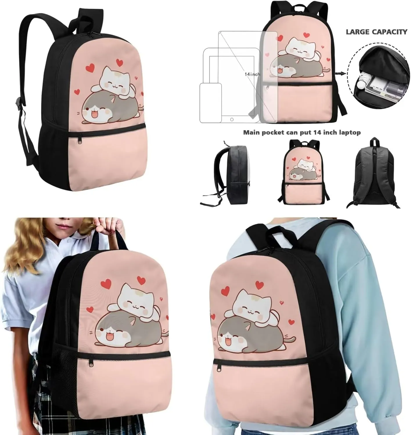 Dreaweet Cat Backpack for School Girls 4th Grade with Lunch Box Cute Pink Bookbag and Lunch Bag for Kids Elementary School Book Bag Insulated Lunchbox Pencil Pouch 3 In 1