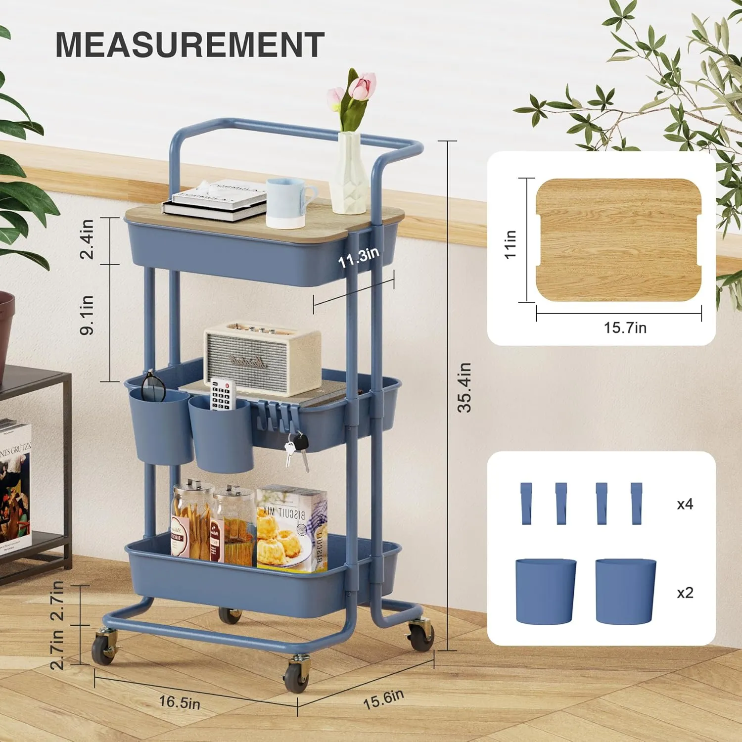 DTK 3 Tier Utility Cart with Cover Board, Rolling Cart with Lockable Wheels, Cups, Hooks for Home Office, Art Craft Storage, Home School Organization and More Uses(Blue)